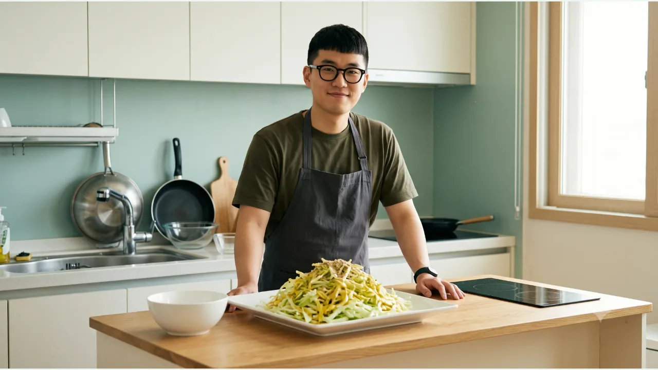 검은 안경과 차콜 앞치마를 착용한 남성 앞에 머스터드 드레싱과 들깨가루를 올린 양배추 샐러드가 놓인 주방