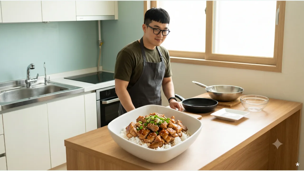 차콜 앞치마를 입은 남성 앞에 쪽파와 깨를 올린 닭 데리야키 덮밥이 놓인 청록색 주방