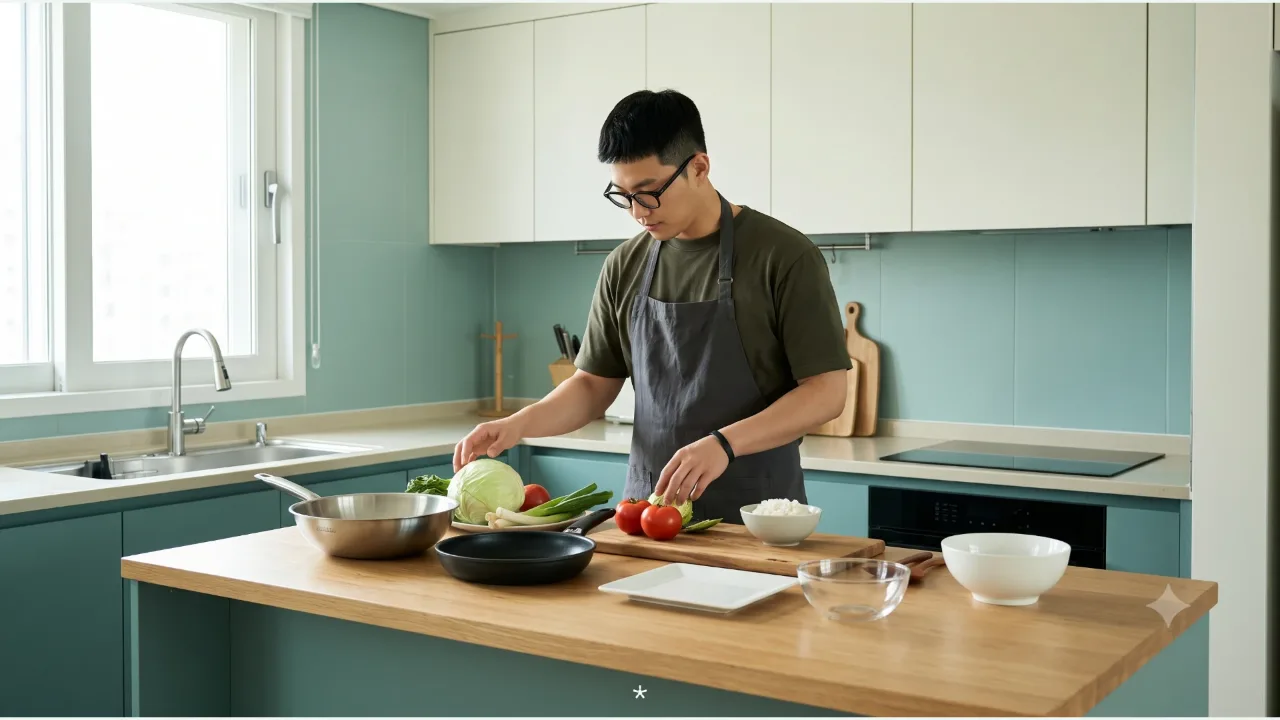 검은 안경과 차콜 앞치마를 착용한 남성이 토마토와 양배추, 대파, 밥을 준비하는 청록색 주방