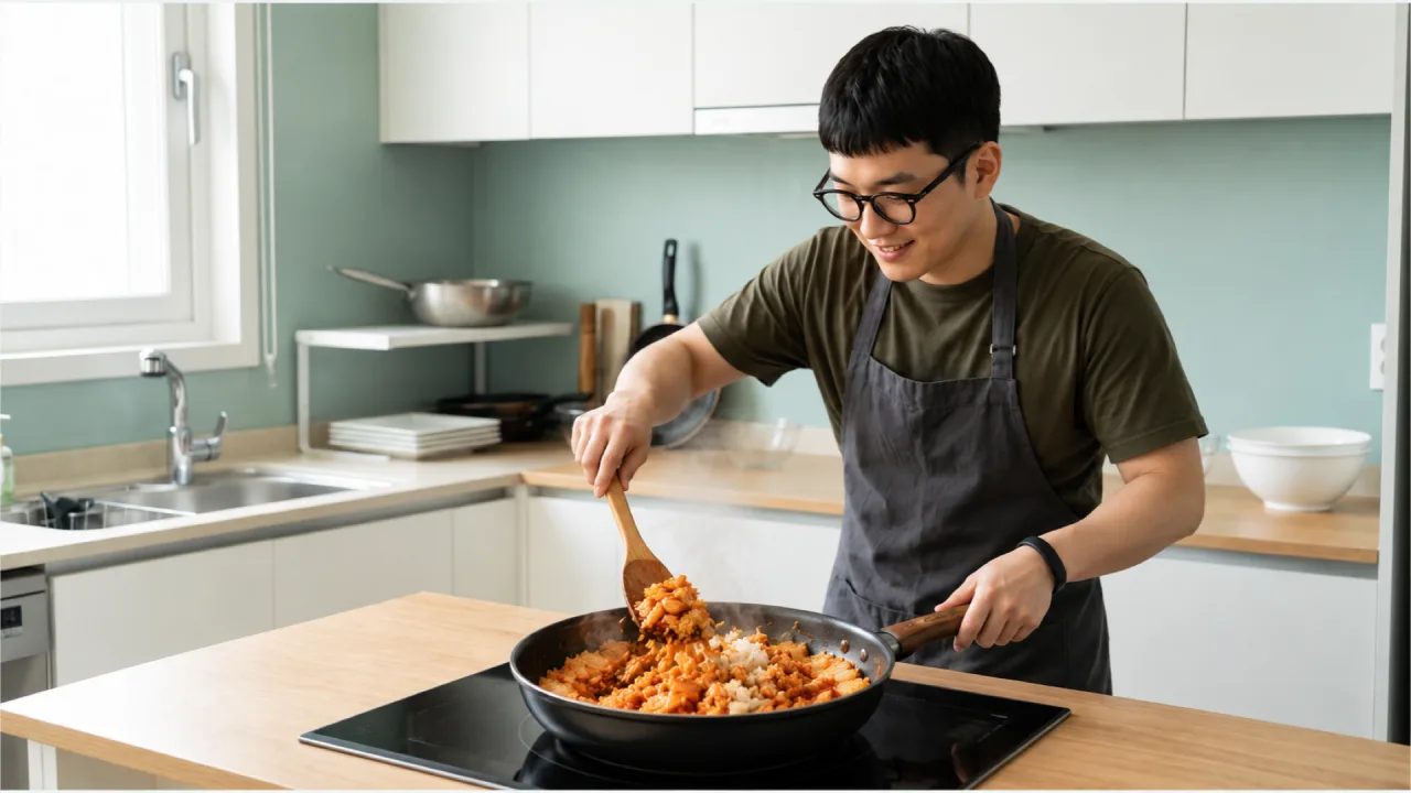김치와 양념에 밥을 넣어 주걱으로 고루 섞어 볶는 모습