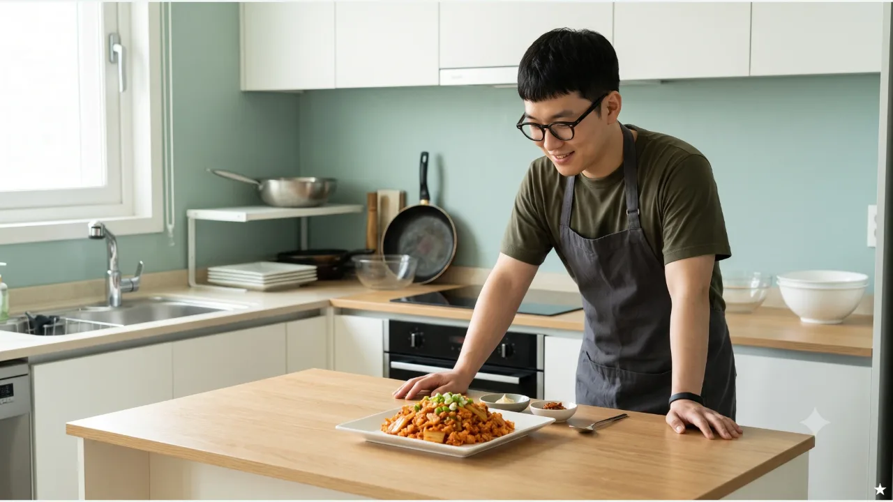 올리브색 셔츠와 차콜 앞치마를 입은 남성이 대파를 올린 김치볶음밥을 바라보는 오크 주방