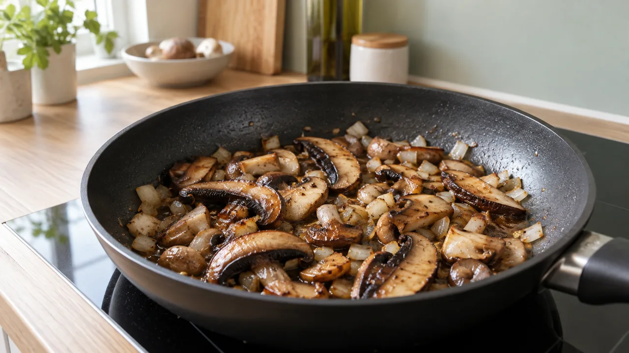 Sauteed mushrooms and onions in a pan