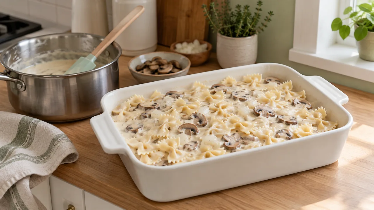 Farfalle and mushrooms mixed with white sauce