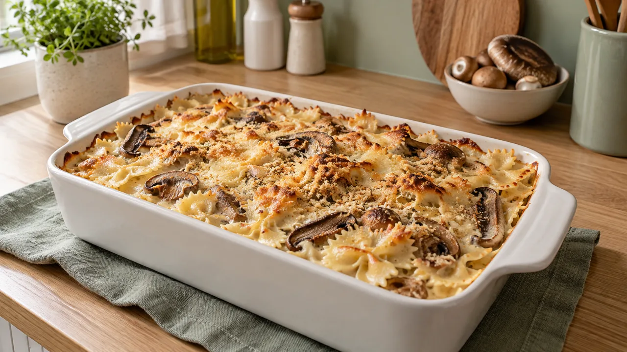 Farfalle gratin baked until golden