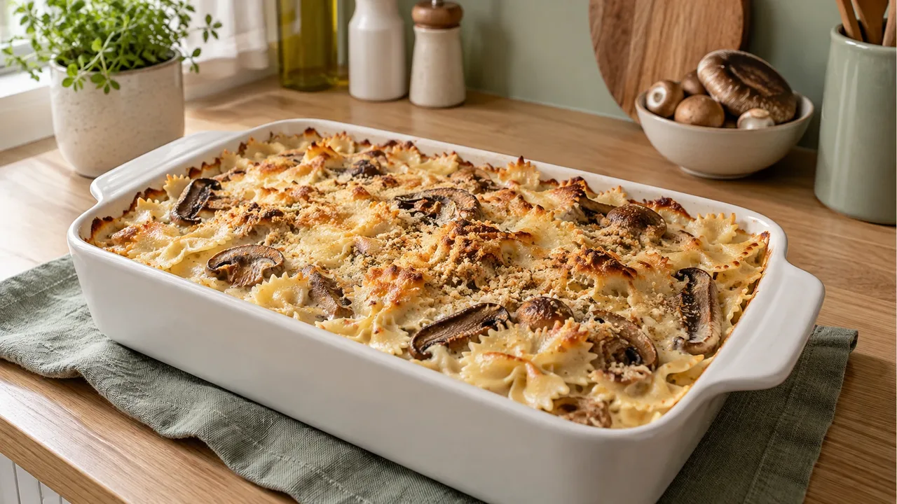 Golden mushroom and farfalle cream gratin in a white rectangular oven dish on an oak kitchen counter