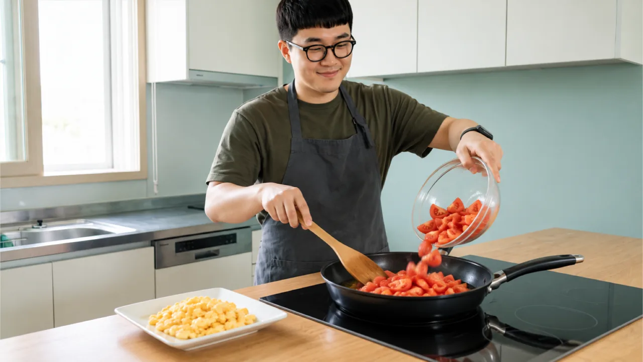 계란을 덜어 둔 팬에 썬 토마토를 넣는 모습