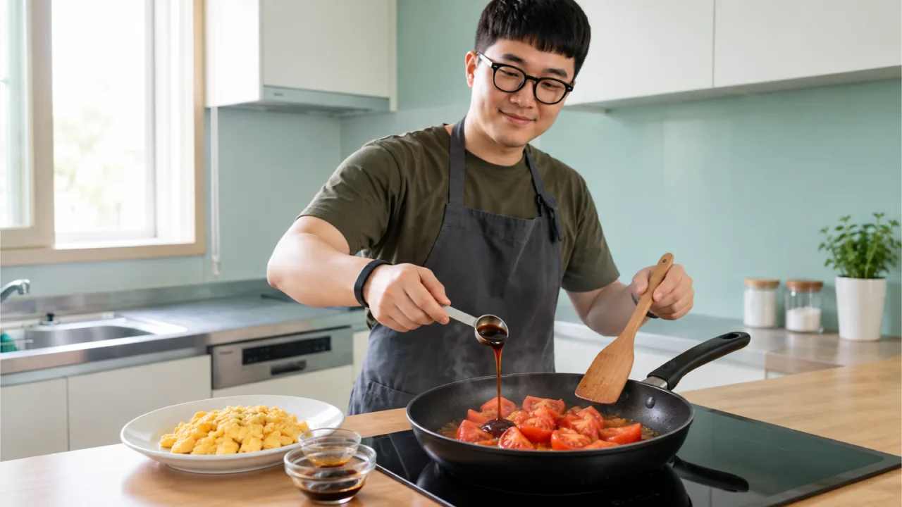 볶는 토마토에 계량스푼으로 간장과 굴소스 양념을 넣는 모습