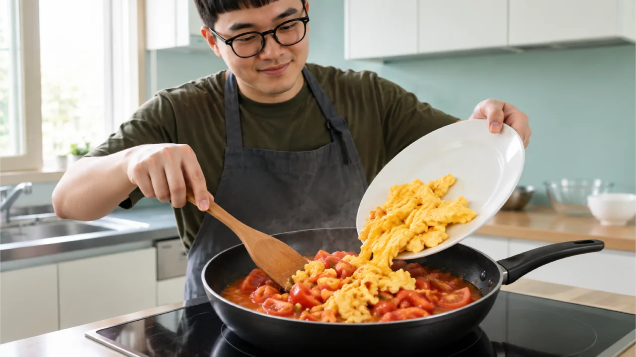 부드럽게 볶아진 토마토에 익힌 계란을 다시 넣는 모습