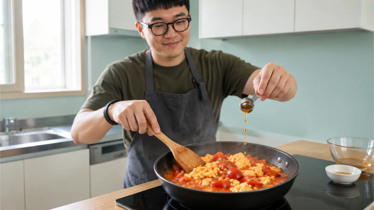 완전히 익힌 토마토계란볶음에 참기름을 조금 두르는 모습
