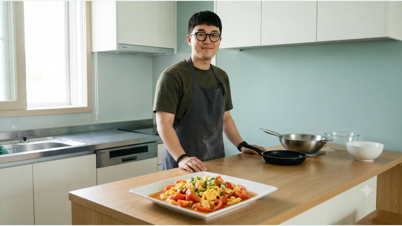 검은 안경과 차콜 앞치마를 착용한 남성 앞에 붉은 토마토와 노란 계란볶음이 담긴 흰 접시가 놓인 주방