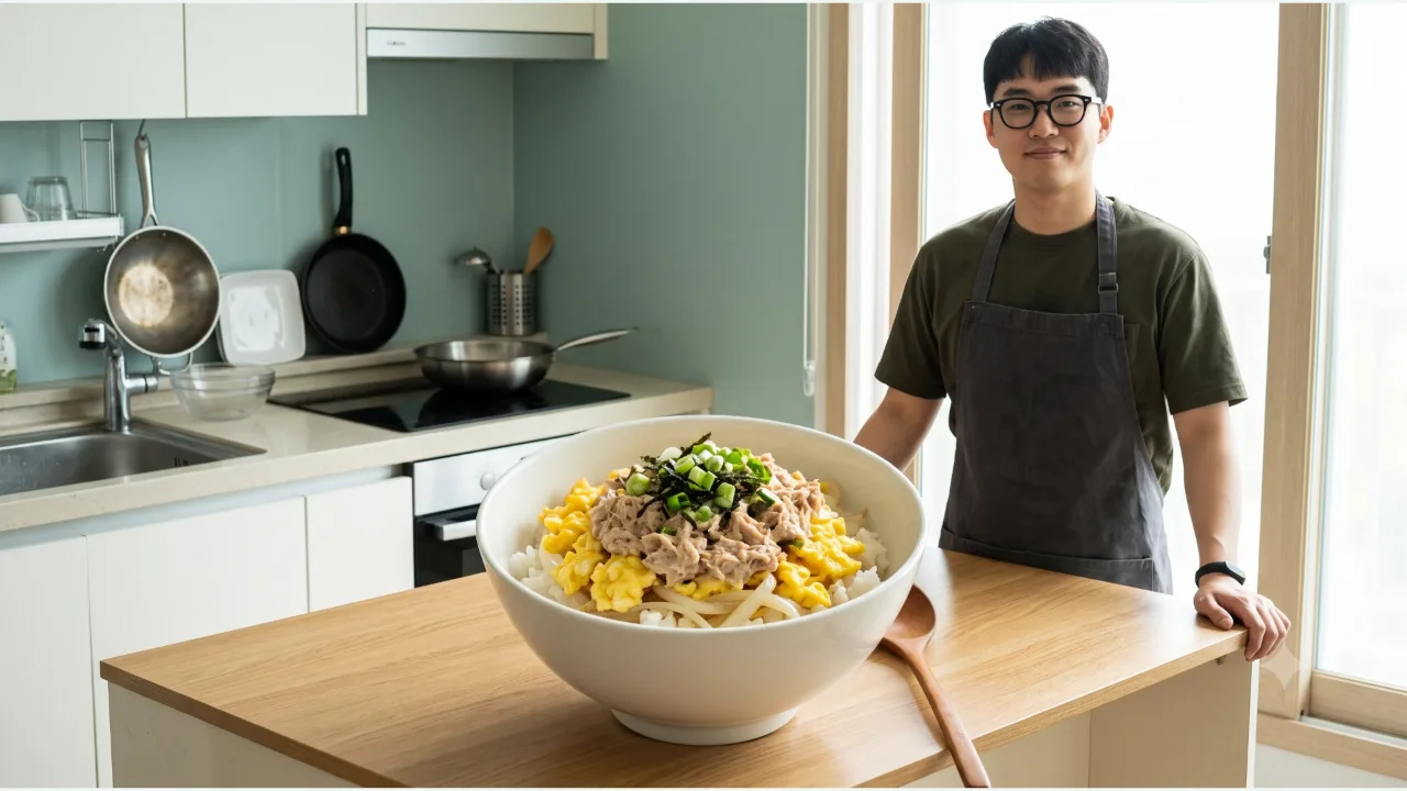 차콜 앞치마를 입은 남성 앞에 참치마요와 스크램블 에그, 김가루, 대파를 올린 덮밥이 놓인 주방